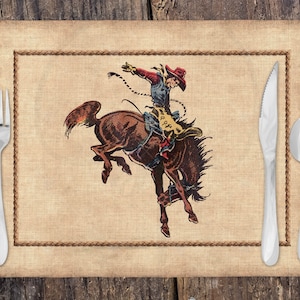 Linen Placemat | Vintage Bucking Bronc Texas Cowboy | Ranch Brand | Western Table Decor | Cattle Rancher | Ranch Mom Gift |Western Home Gift