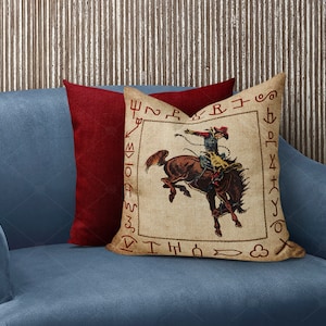 Linen Pillow 20x20 & Up | Vintage Western Cowboy Brands Red | Ranch Brand Vintage Texas Cowboy Bronc | Cattle Branding Iron | Housewarming