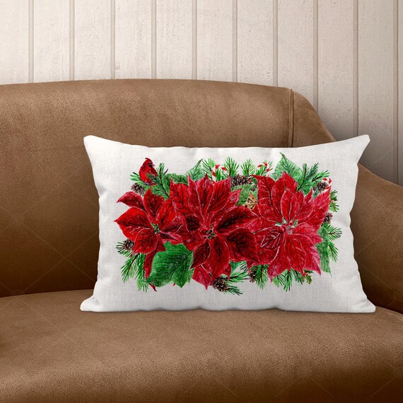 Poinsettias Holiday Linen Lumbar Pillow Christmas Cardinal - Main Image