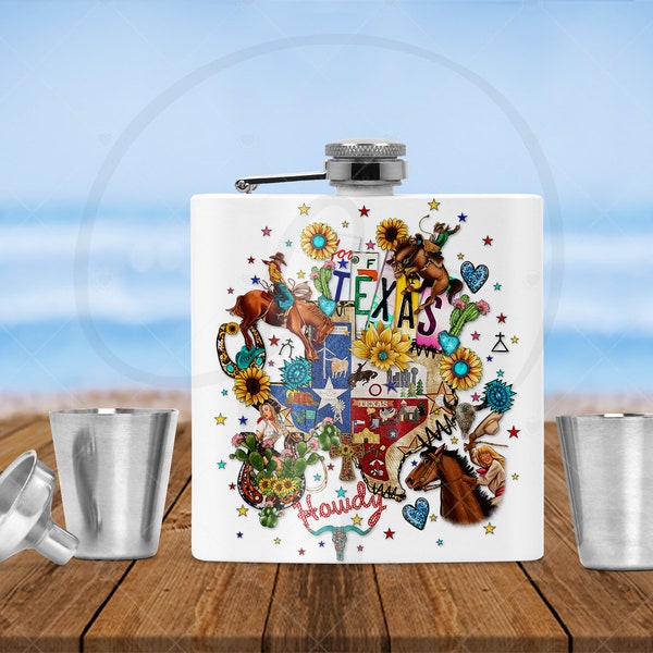 Flask 8oz | Howdy Texas Western Bar Ware | Western Cowboy Bucking Bronc | Rodeo Cowgirl | Travel Party  Flask | Turquoise Sunflower|Dad Gift