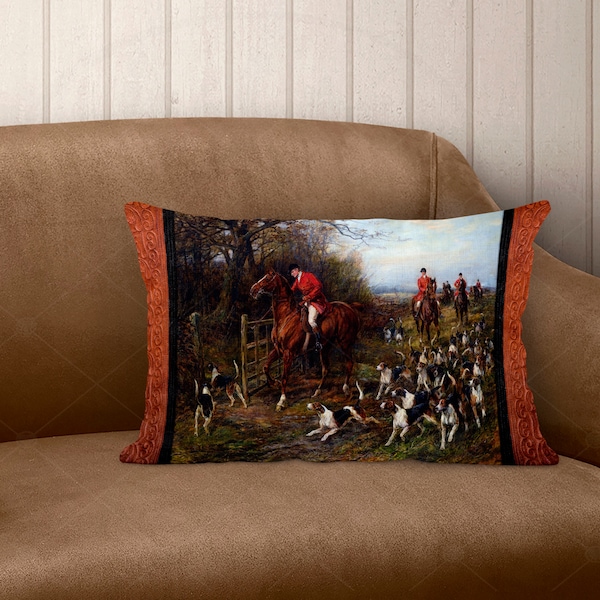 Linen Lumbar Pillow | Vintage Styled Fox Hunt | English Horses | Country Living | European Home Decor Throw Pillow | Housewarming Gift