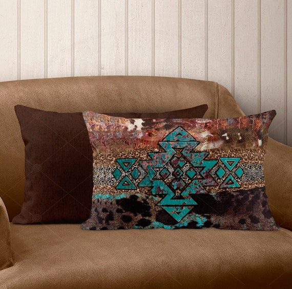 Rectangular Rustic Brown Faux Leather And Geometric Patterns Lumbar Pillow Cover Rectangular Rustic Brown Faux Leather And Geometric Patterns Lumbar Pillow Cover