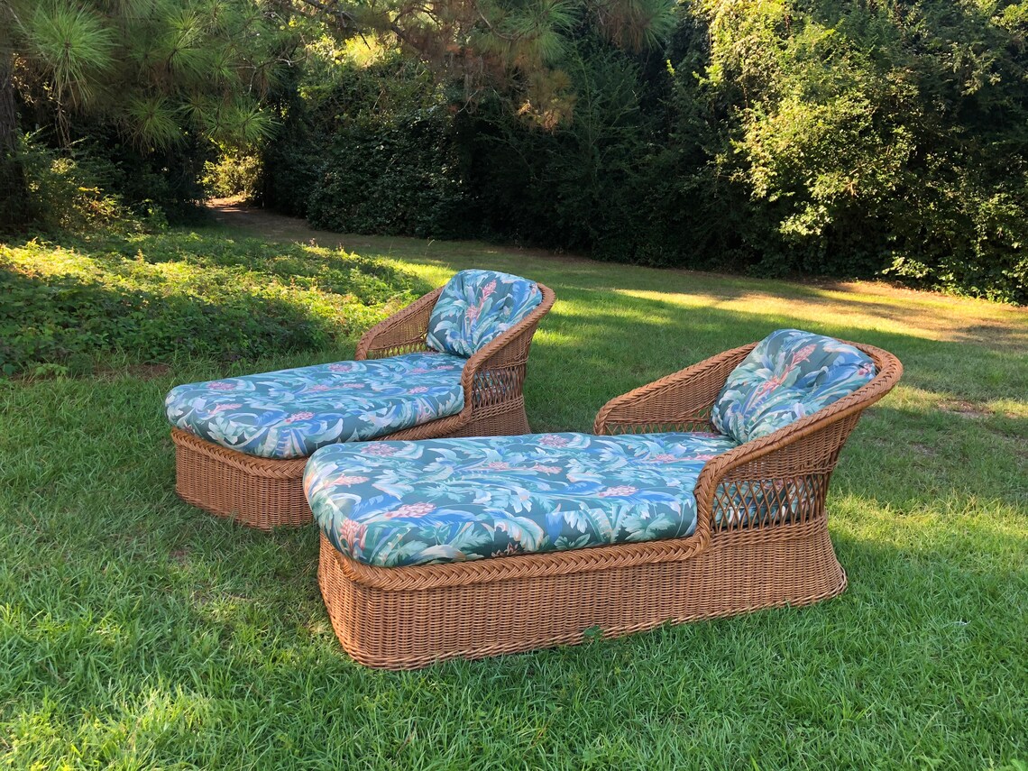A pair of vintage Henry Link Rattan chaise lounge Chairs Etsy