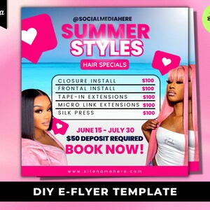 Hair Specials template, Wig install flyer, social media flyer template, hair braids, instagram flyer, hair flyer, canva template DIY