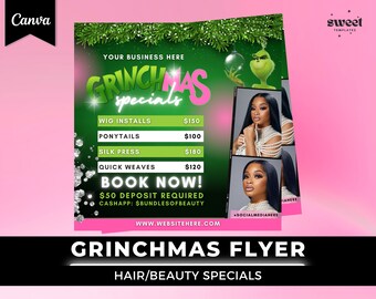 Grinchmas Flyer | Sleigh for the Holiday | Hair Lash Nail Beauty Makeup Social Media Instagram Editable Canva Template | Christmas
