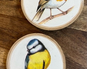 Bird Wood Slice Decoration, Bluetit and Robin