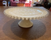 Vintage Fenton Milk Glass Silver Crest Spanish Lace Cake Plate. pedestal. 11 quot