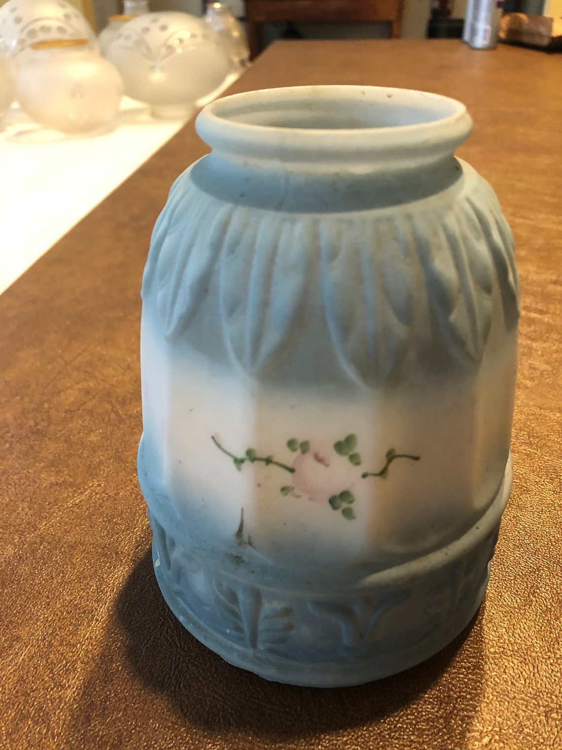 Antique Blue Frosted Glass Lamp Shade Hand Painted Flowers Etsy