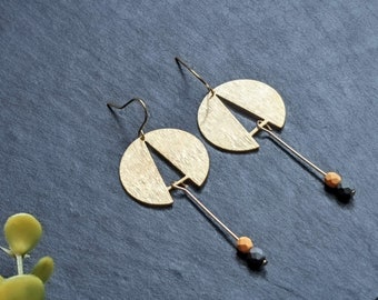 Modern Earrings with Gray Orange Beads, Geometric Earrings, Brass Earrings, Gift for Her