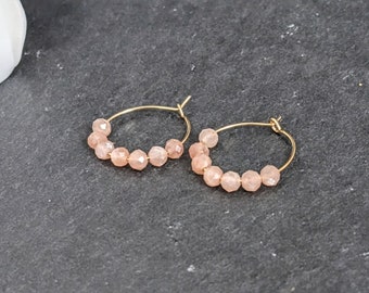 Peach Moonstone Hoop Earrings: Gold Plated Dangle Earrings