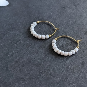 White Beaded Hoop Earrings, White and Gold Hoops, Seed Bead Hoop Earrings, Earrings gift under 15