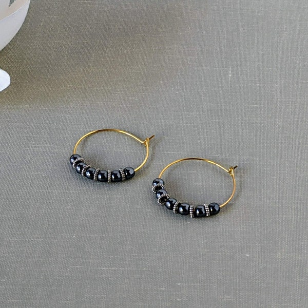 Hematite Earrings, Hematite hoop earrings, Hematite Gold Earrings, Gemstone Beaded hoops, Stone Earrings