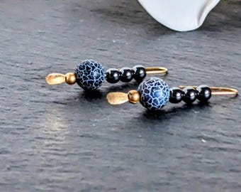 Black Crackle Agate Dangle Earrings, Modern Minimalist Style