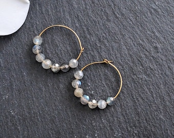 Handmade Labradorite Hoop Earrings: Gold Plated Gemstone Beads