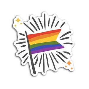 Könnte beinhalten: Eine Regenbogenflagge mit weißem Hintergrund und einem Strahlenkranz dahinter. Die Flagge hat sechs Streifen in den Farben Rot, Orange, Gelb, Grün, Blau und Lila.