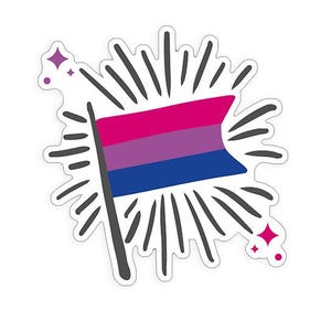Könnte beinhalten: Ein Aufkleber mit einer stilisierten bisexuellen Pride-Flagge mit rosa, lila und blauen Streifen. Die Flagge befindet sich auf einem weißen Hintergrund mit einem schwarz-weißen Lichteffekt dahinter.