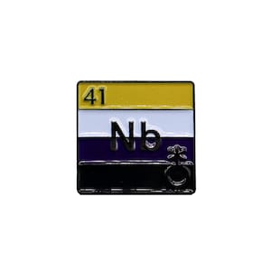 Peut inclure: Épinglette carrée en émail avec le drapeau de la fierté non binaire. La section supérieure est jaune, suivie de blanc, de violet et de noir. L'épinglette comprend également le numéro "41" et les lettres "Nb".