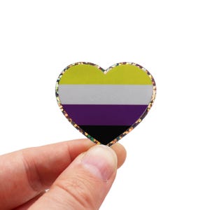 Könnte beinhalten: Ein herzförmiger Anstecker mit dem Design der nicht-binären Pride-Flagge. Die Flagge zeigt horizontale Streifen in Gelb, Weiß, Lila und Schwarz. Der Anstecker hat einen glitzernden Goldrand und wird von einer Hand vor weißem Hintergrund gehalten.