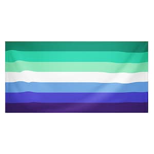 Könnte beinhalten: Eine rechteckige Flagge mit horizontalen Streifen in Grün-, Blau- und Lilatönen. In der Mitte befindet sich ein weißer Streifen. Die Flagge ist ein Symbol der schwulen Männer-Community.