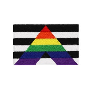 Könnte beinhalten: Ein schwarz-weiß gestreiftes Patch mit einem Regenbogen-Dreieck in der Mitte. Das Dreieck hat rote, orange, gelbe, grüne, blaue und violette Streifen.
