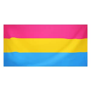 Könnte beinhalten: Eine pansexuelle Pride-Flagge mit drei horizontalen Streifen: rosa, gelb und blau.