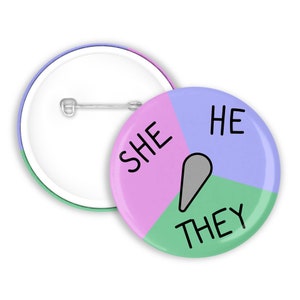 Könnte beinhalten: Ein runder Knopf mit rosa, grünem und violettem Hintergrund. Der Knopf hat einen grauen Pfeil, der auf das Wort "THEY" im grünen Bereich zeigt. Die Wörter "SHE", "HE" und "THEY" sind in Schwarz auf dem Knopf geschrieben.