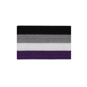 Könnte beinhalten: Ein Asexuellen-Pride-Flaggen-Patch mit schwarzen, grauen, weißen und violetten Streifen.