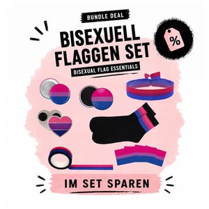 Könnte beinhalten: Ein Set mit Artikeln in den Farben der Bisexuellen Flagge, darunter Anstecknadeln, ein Haargummi, Socken und Klebeband. Die Artikel zeigen die rosa, lila und blauen Farben der Bisexual Pride Flagge. Der Text lautet "Bundle Deal" und "Bisexuell Flaggen Set".