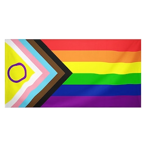 Può includere: Una bandiera rettangolare con un design arcobaleno e strisce orizzontali rosse, arancioni, gialle, verdi, blu e viola. Un campo giallo con un cerchio viola e un triangolo con colori rosa, azzurro, marrone e nero è a sinistra.