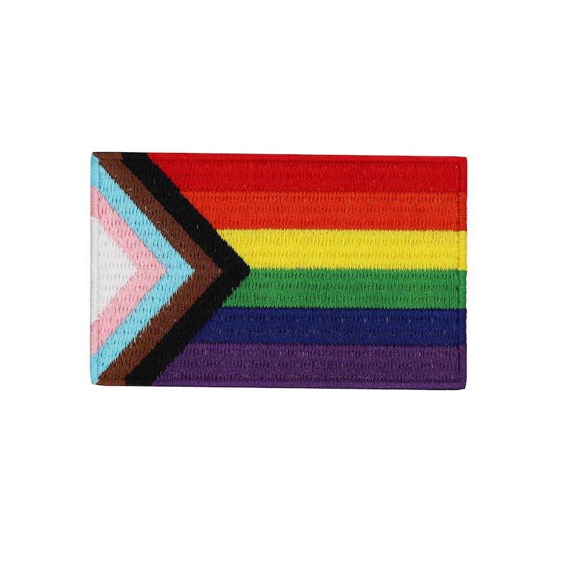 May include: A rainbow pride flag with a black, brown, light blue, pink, and white triangle in the top left corner.