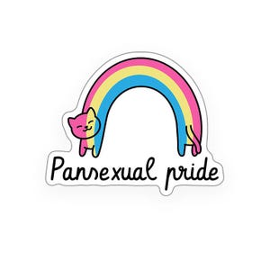 Könnte beinhalten: Ein Aufkleber mit einem Regenbogen in Form einer Katze und dem Text "Pansexual pride" darunter.
