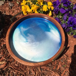 Ocean Water Inspired 15” Round resin art Wood Serving Tray
