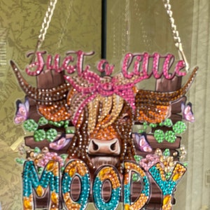 Highland cow “Just a Little Moody” diamond art wall hanging/suncatcher - finished