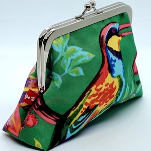 bolso de embrague, cartera, embrague, pájaro, flores, verde, marco de metal, cierre, marco de bloqueo de beso, aspecto vintage