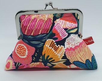 clutch purse, purse, clutch, floral, Australian floral,  metal frame, clasp, kiss lock frame, vintage look