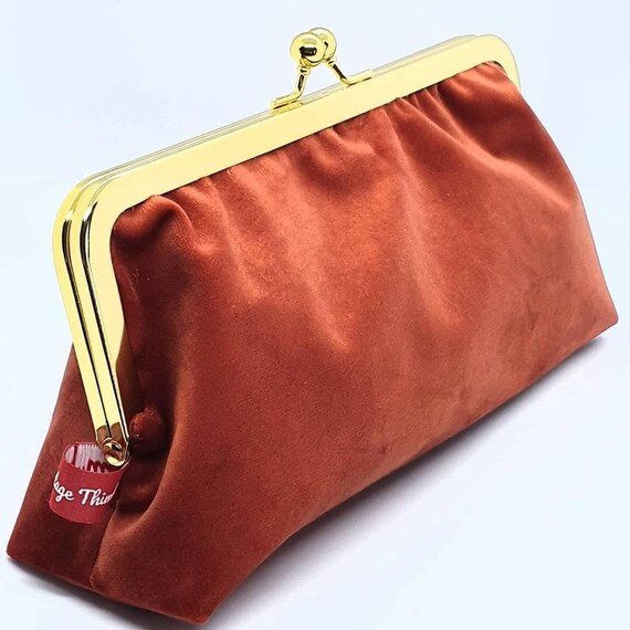 Clutch Purse Purse Clutch Orange Velvet Bronze Metal Frame