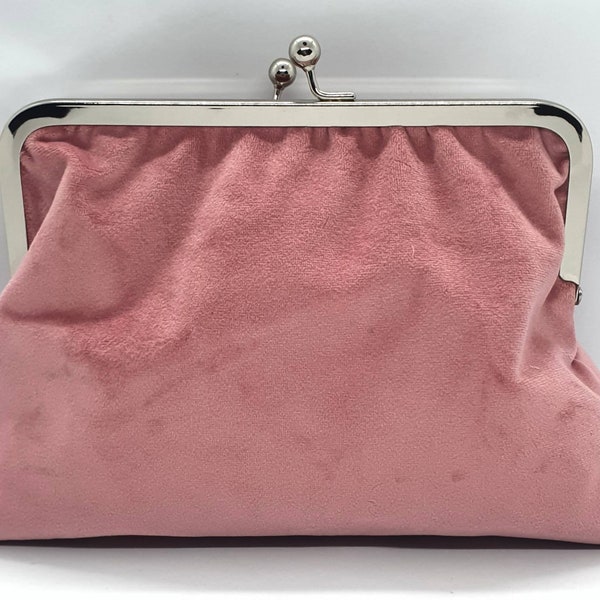 clutch, purse, clutch purse, metal frame, clasp,kisslock frame,vintage look,pink,pink velvet