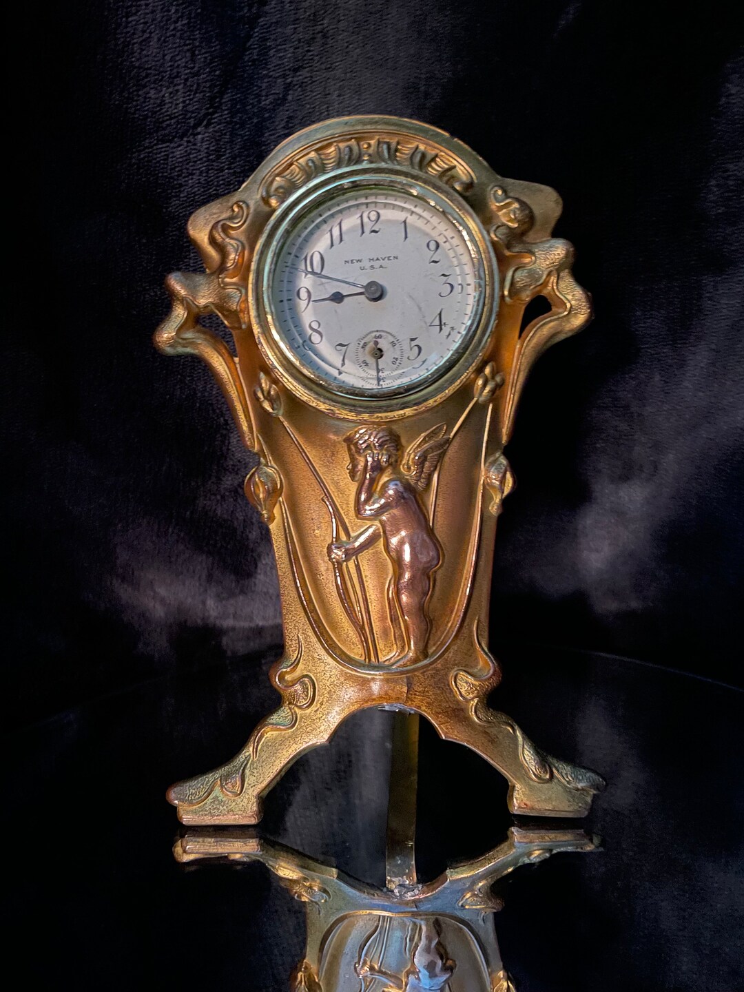 Antique Victorian Gilt Art Nouveau Cherub Figure Boudoir Clock Made by