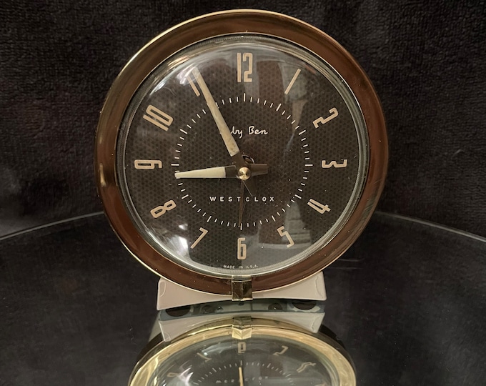 Vintage Westclox style 7 Baby Ben alarm clock in cream /gold/ trim. Luminous face. Ca 1957. (Restored and runs well)