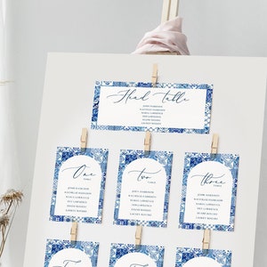 Blauer Fliesenrahmen Sitzkartenvorlage Italien blaue Fliese Sitzplankarten Tile Arch Seating Sign Printable Mediterrane Sitzkarten Bearbeitbar