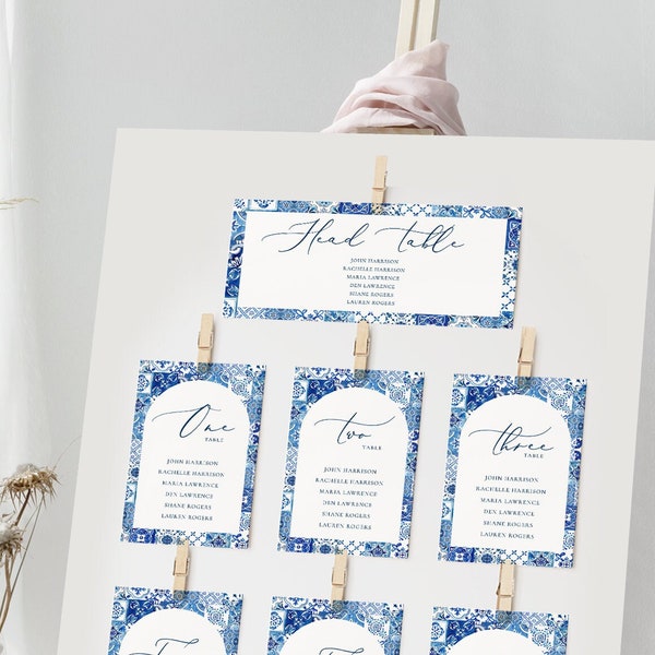 Blue tile frame Seating card template Italy blue tile Seat chart cards Tile Arch Seating Sign Printable Mediterranean seating cards Editable