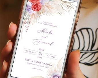 purple and red rose mobile wedding invite Light purple and red digital wedding card Pampas grass Mauve invitation electronic wedding invite