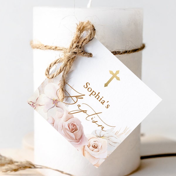 Baptism circle favor tag, square gold cross baptism thank you Bag Tags,Round Dusty pink Printable thank you Tags ,pink flower thank you