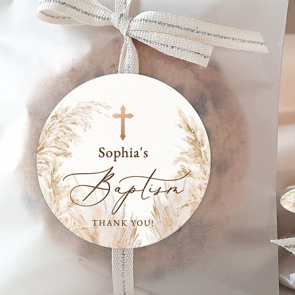 BOHO pampas grass Baptism round sticker label Avery Favor circle sticker label template beige pampas grass thank you round sticker