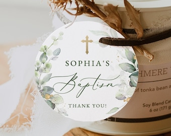 Greenery Baptism round Tag template green Favor circle sticker label template Green leaves thank you round sticker Gold cross baptism round