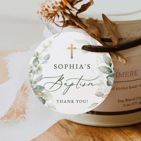 Greenery Baptism round Tag template green Favor circle sticker label template Green leaves thank you round sticker Gold cross baptism round