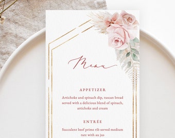 Dusty PINK Wedding Menu Template BOHO Pink Menu Printable Gold boho Editable Menu Download Gold and Blush Dinner Menu Cards Peara