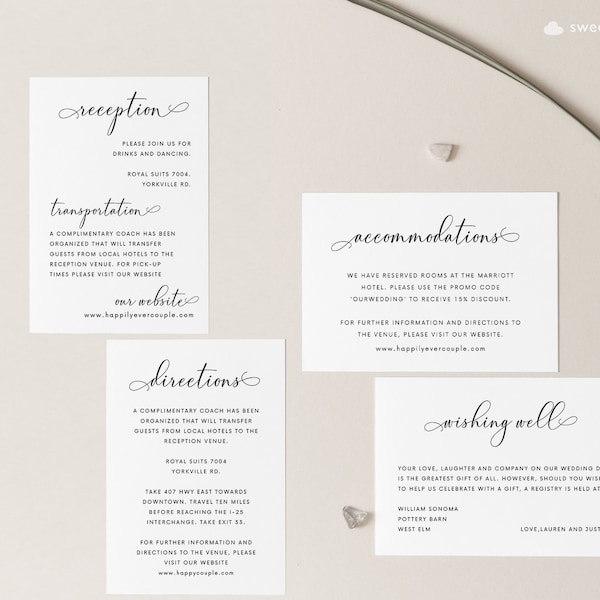 Wedding Details info Card 4 Set Wedding Info Card Template Printable Accommodations Card Info Card Instant Download  Invitation insert Card