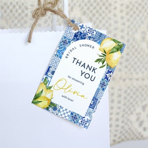 blue tile Favor Bridal shower Bag Tag template Lemon  Blue Tile Arch baby shower gift tag Italy blue tile thank you tag Printable Guest  tag