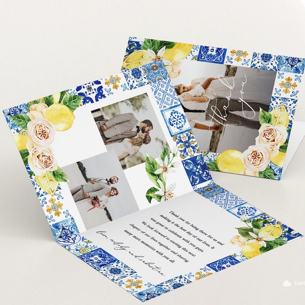 Lemon blue tile Photo thank you card Positano Blue Tile thank you template italy blue tile wedding Printable bridal shower thank you Mearl